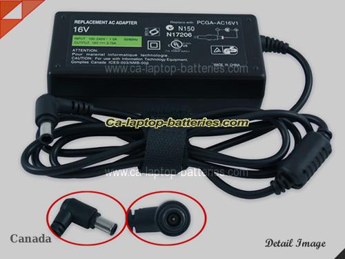 SONY VGN-T2XRP/S adapter, 16V 3.75A VGN-T2XRP/S laptop computer ac adaptor, SONY16V3.75A60W-6.5x4.4mm