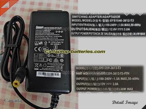  image of SUNNY SYS1359-3612-T3-FTN ac adapter, 12V 3A SYS1359-3612-T3-FTN Notebook Power ac adapter SUNNY12V3A36W-5.5x2.1mm