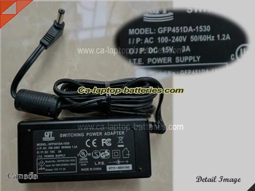  image of GFP GFP451DA-1530 ac adapter, 15V 3A GFP451DA-1530 Notebook Power ac adapter GFT15V3A45W-5.5x2.1mm