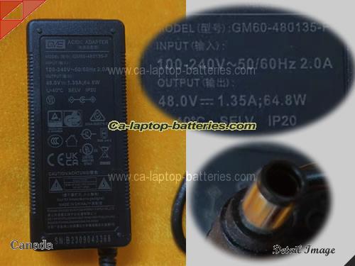  image of GVE GM60-480135-F ac adapter, 48V 1.35A GM60-480135-F Notebook Power ac adapter GVE48V1.35A64.8W-7.4x5.0mm-POE