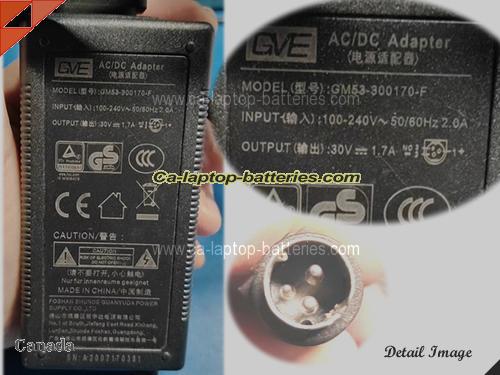  image of GVE GM53-300170-F ac adapter, 30V 1.7A GM53-300170-F Notebook Power ac adapter GVE30V1.7A51W-3Pins