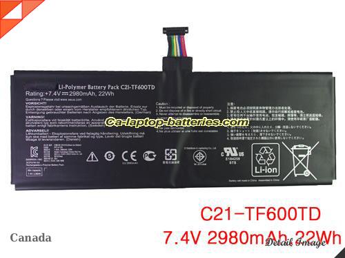 Genuine ASUS TF600TD Laptop Computer Battery C21-TF600TD Li-ion 2980mAh, 22Wh Black In Canada 
